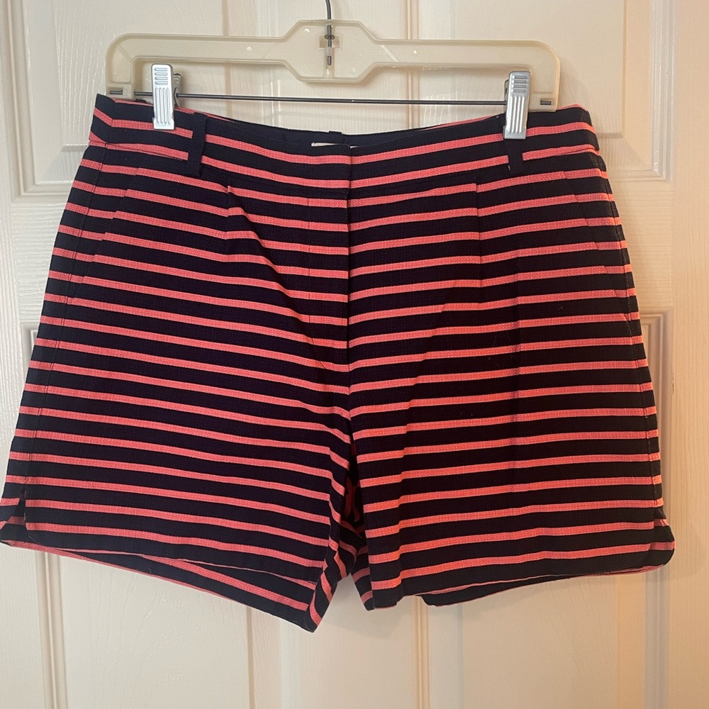J crew Striped Chino Shorts Sz 8 Navy Pink Textured High Waisted Rigid Cotton